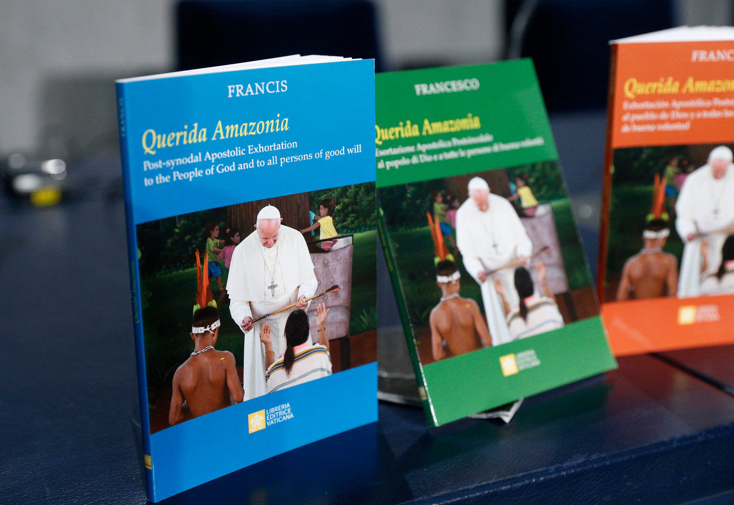 Copies of Pope Francis' apostolic exhortation, "Querida Amazonia" (Beloved Amazonia), are pictured at a news conference for the release of the exhortation at the Vatican Feb. 12, 2020. The document contains the pope's conclusions from the 2019 Synod of Bishops for the Amazon.